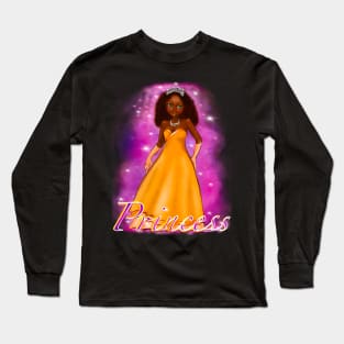 Black anime princess  ! black girl with Afro hair, green eyes, dark brown skin, pink background, Princess, Hair love ! Long Sleeve T-Shirt